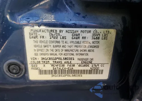 2005 Nissan Sentra 1.8 z USA, uszkodzony, nr VIN 3N1CB51D95L580321